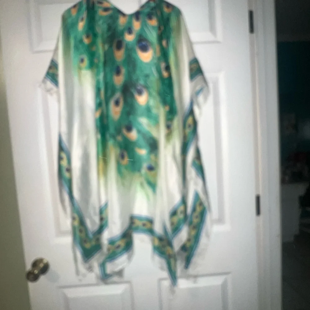 Kohl's White Swim Coverup with Green and Yellow Peacock Print - Picture 2 of 2